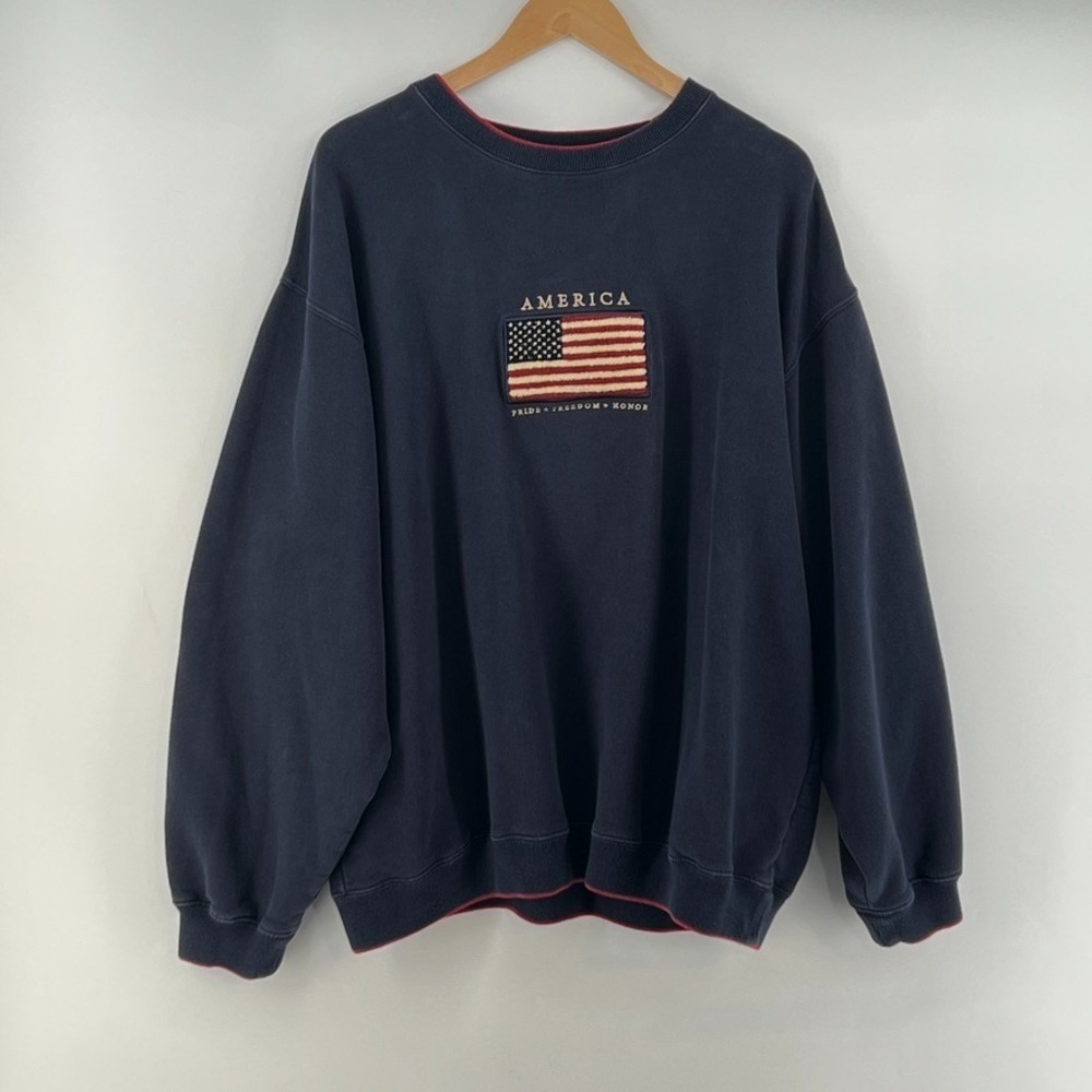 Vintage C&B Sport American Flag Sweatshirt Mens LT Navy Blue Embroidered HEAVY